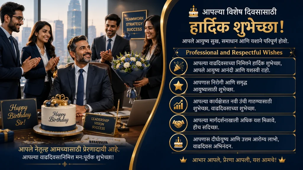Professional Marathi birthday wishes for boss with office celebration scene