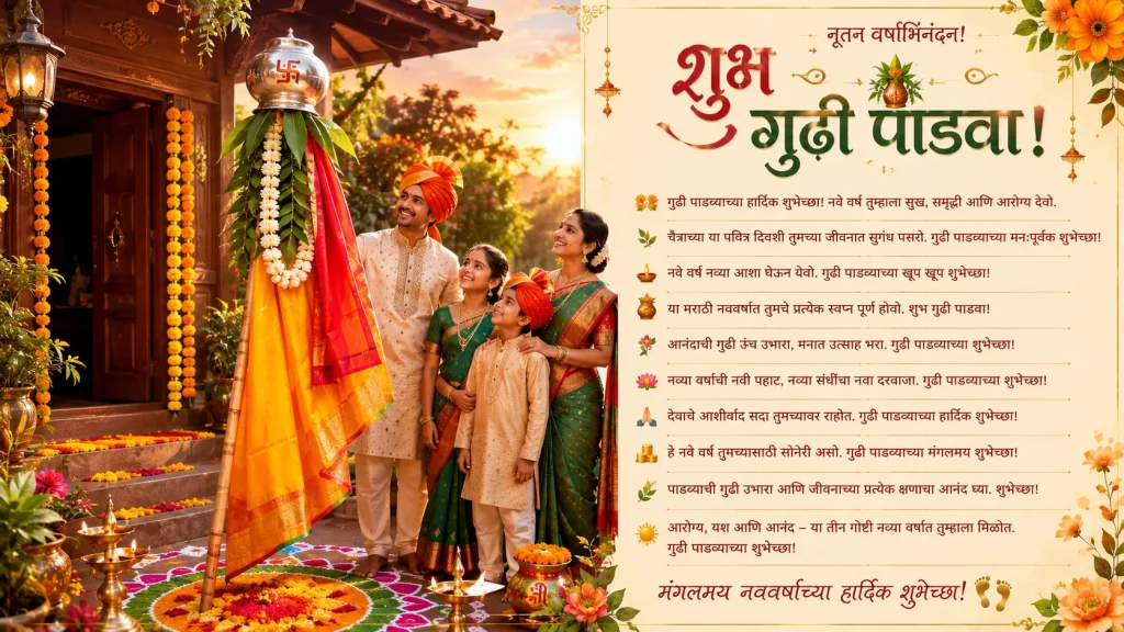 Traditional Gudi Padwa wishes in Marathi with family and Gudi