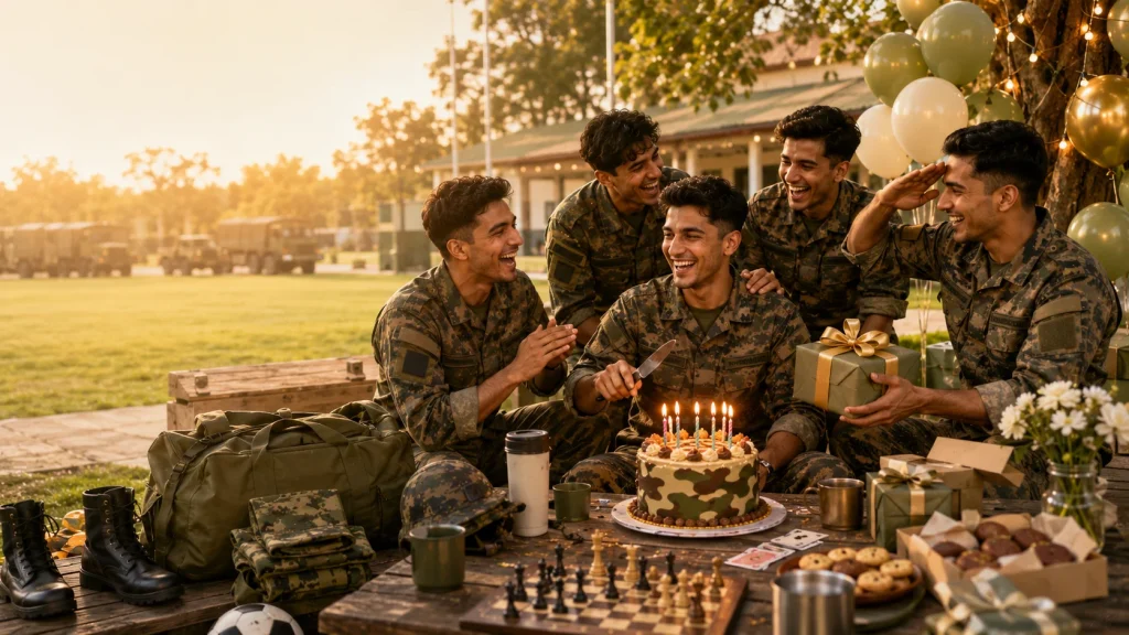 Army friends celebrating a soldier's birthday with cake and gifts outdoors