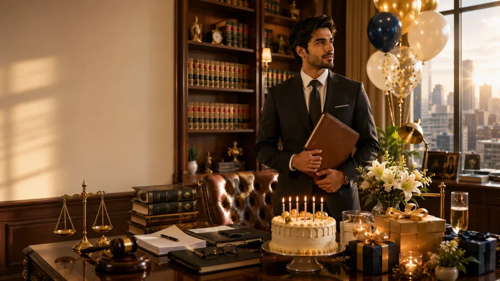 Birthday celebration setup for a lawyer with cake, legal books, and office decor