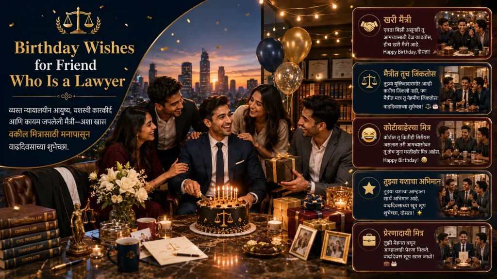 Birthday wishes for lawyer in Marathi with a celebration theme