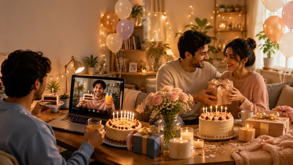 Couple celebrating a lockdown birthday with a virtual video call and gifts