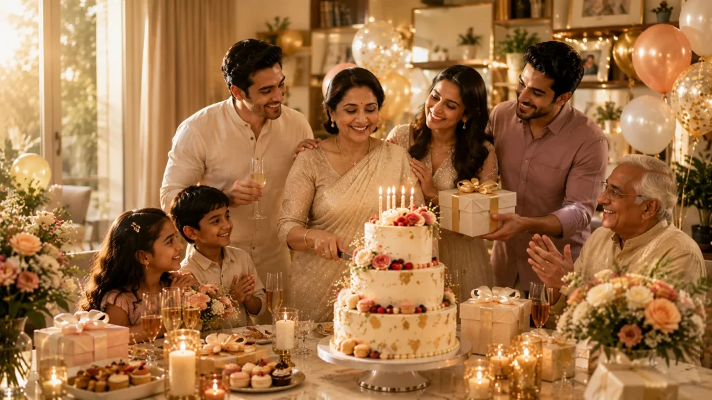 Family celebrating birthday with cake, gifts, and joyful moments together