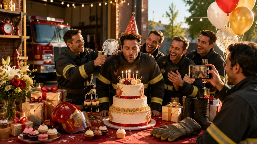 Firefighters celebrating a birthday with cake, gifts, and laughter at the station
