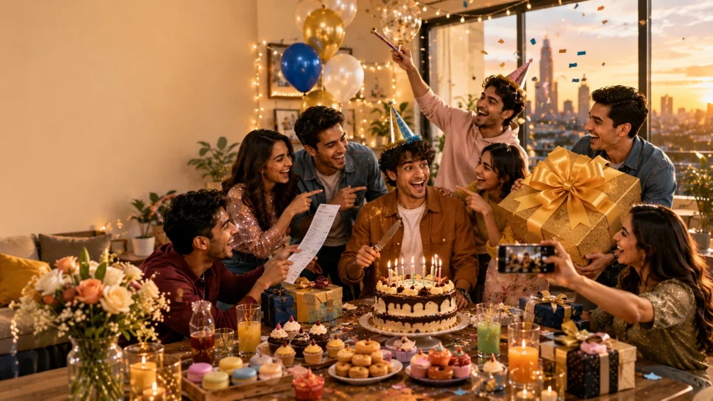 Friends celebrating a birthday party with cake, gifts, and festive decorations