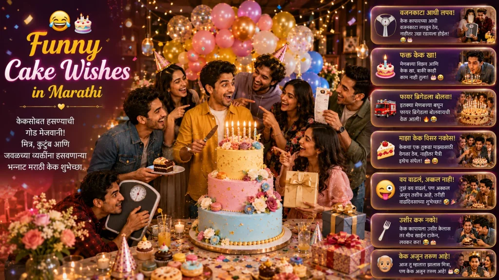 Friends laughing with cake while sharing funny cake wishes in Marathi
