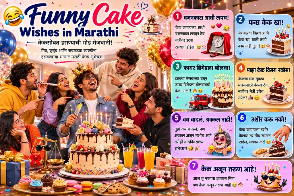 Funny birthday Wishes for cake in Marathi banner with hilarious birthday cake messages